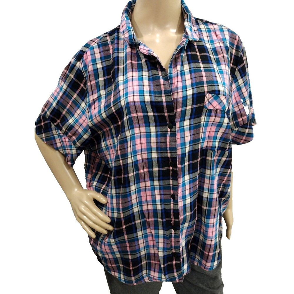 Victoria's Secret Women's Large Plaid Pink Blue Short Sleeve Buttoned Pajama Top